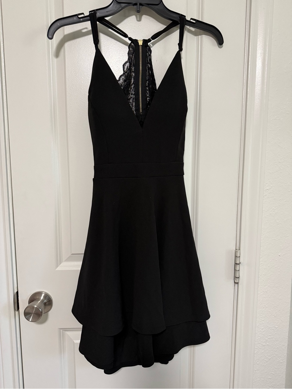 Honey and Rosie Black Lace-Back Tiered Mini Dress